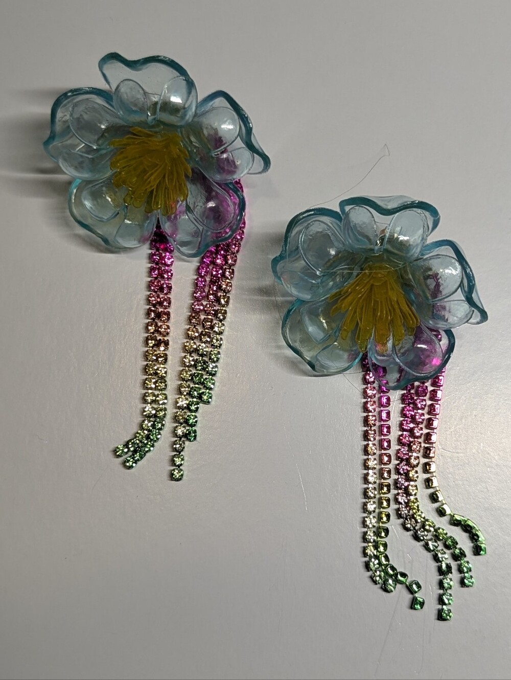 Blue Floral Drop Earrings with Multicolor Crystal Fringe
